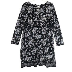 J Jill Floral Print‎ Long Sleeve Dress Sz L Navy Blue Lace Up Back Cotton Modal